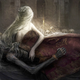 A glowing woman holds a crowned corpse.
